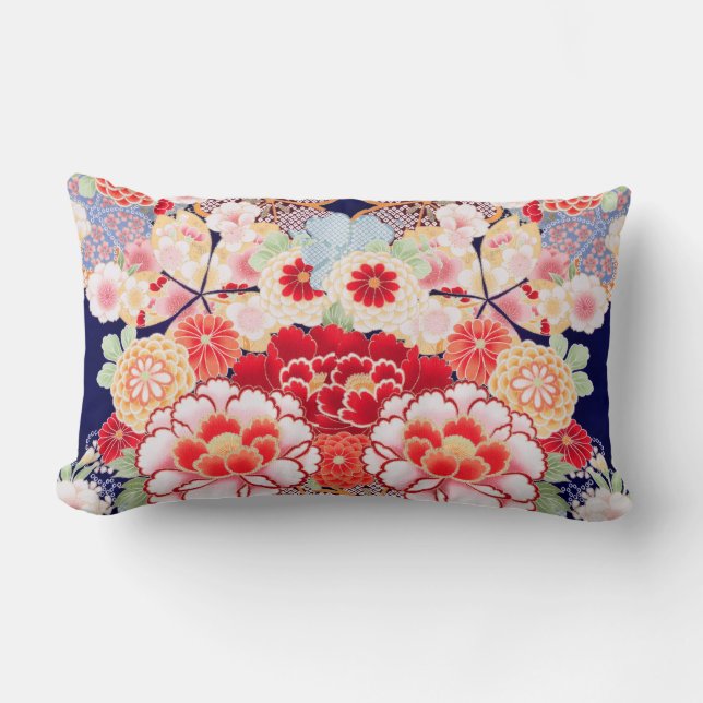 PINK RED WHITE FLOWERS Peony,Roses Japanese Floral Lumbar Cushion (Front)