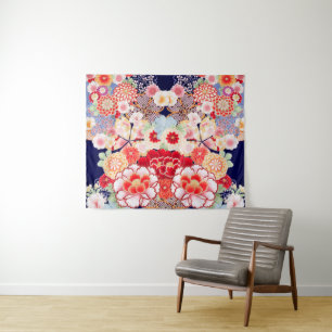 PINK RED WHITE FLOWERS Peony,Roses Japanese Floral Tapestry
