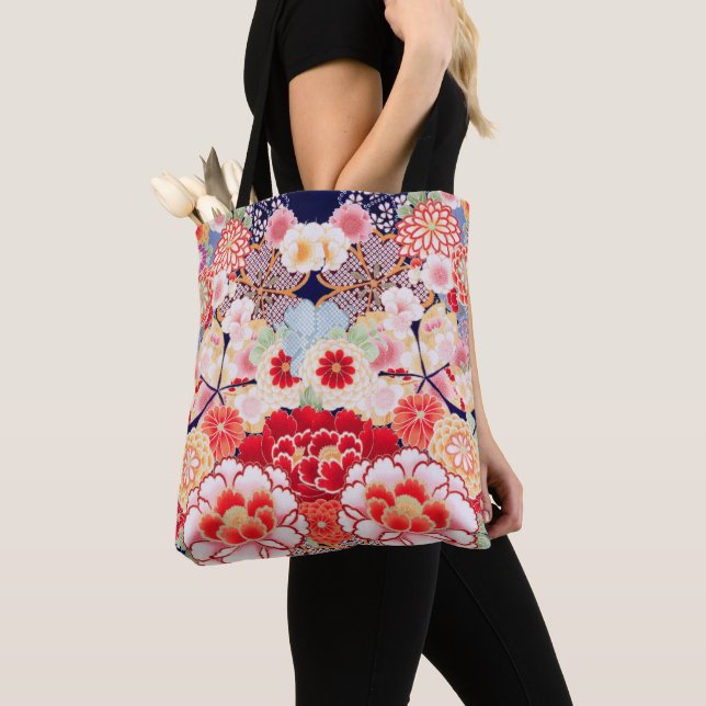PINK RED WHITE FLOWERS Peony,Roses Japanese Floral Tote Bag (Close Up)