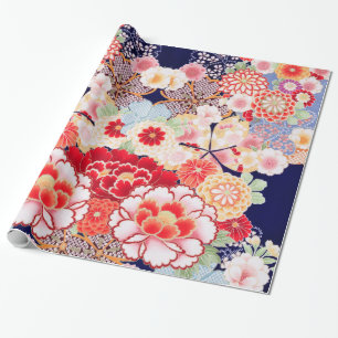 PINK RED WHITE FLOWERS Peony,Roses Japanese Floral Wrapping Paper