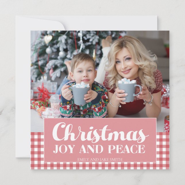 Pink Red White Gingham Christmas Photo Joy Peace Holiday Card (Front)