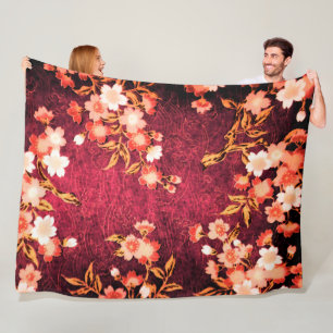 PINK RED WHITE SPRING FLOWERS, ANTIQUE RED FLORAL FLEECE BLANKET