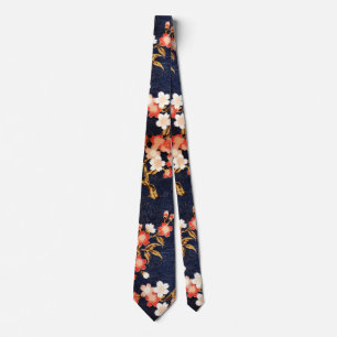 PINK RED WHITE SPRING FLOWERS DEEP BLUE FLORAL TIE