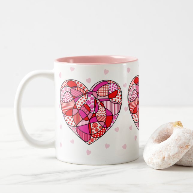 Pink/Red/White Triple Doodle Pattern Heart Mug (With Donut)