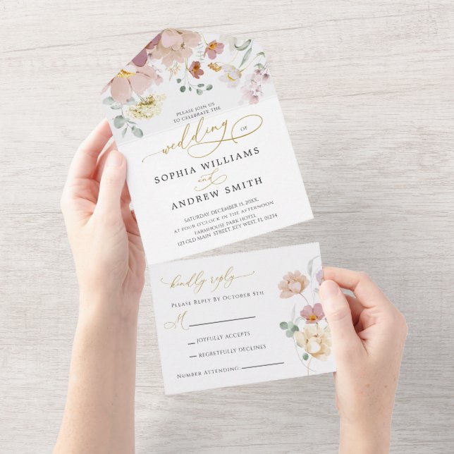 Pink & Red Wildflowers Wedding  All In One Invitation (Tearaway)