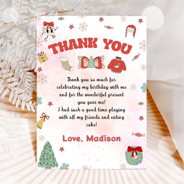 Pink Red Winter Christmas Birthday Thank You Card (Creator Uploaded)