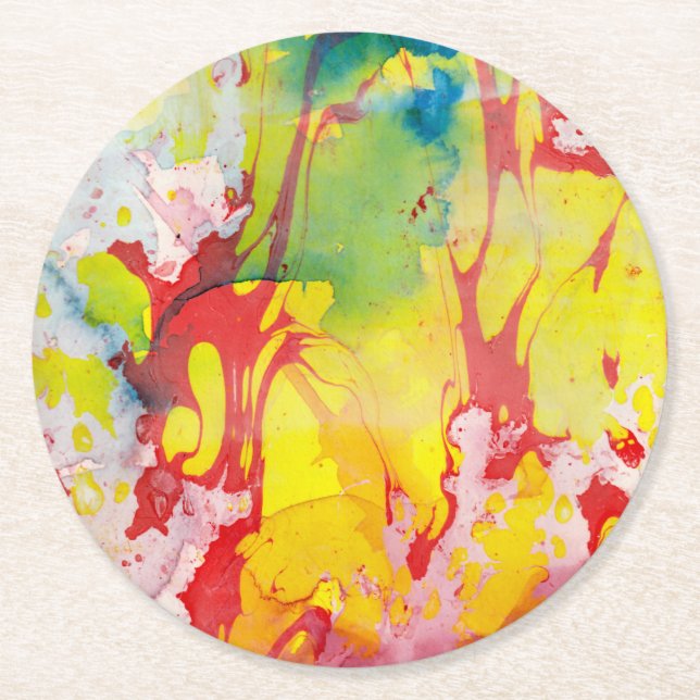 Pink Red Yellow Blue Green Purple Marble Look Round Paper Coaster (Front)