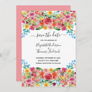 Pink Red Yellow Floral Elegant Watercolor Wedding  Save The Date