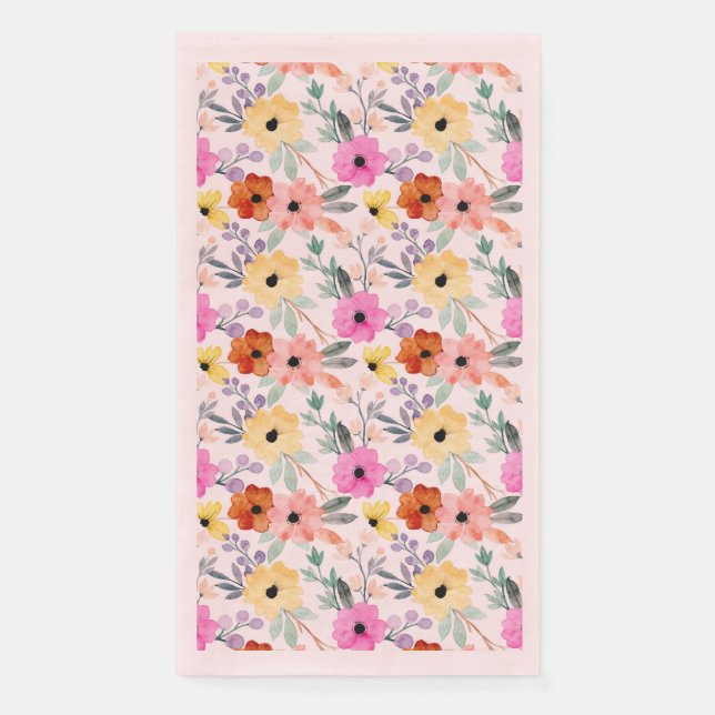 Pink, Red, Yellow Floral Flowers Watercolor Napkin (Front)