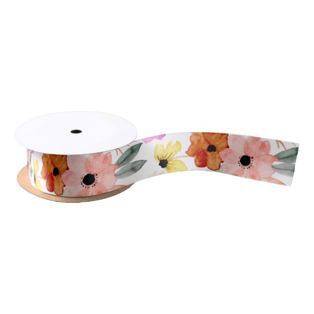 Pink, Red, Yellow Floral Flowers Watercolor Satin Ribbon (Spool)
