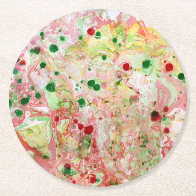 Pink Red Yellow Green Marble Look Trendy Modern Round Paper Coaster (Front)