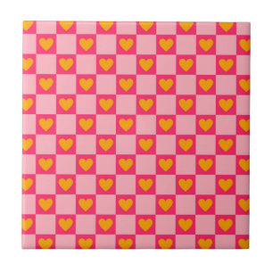 Pink Red Yellow Heart Love Chequered Y2K Pattern Ceramic Tile
