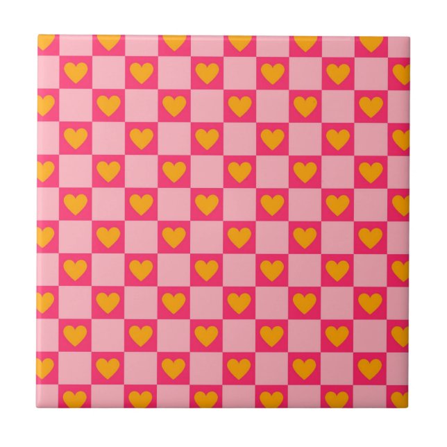 Pink Red Yellow Heart Love Chequered Y2K Pattern Ceramic Tile (Front)
