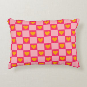 Pink Red Yellow Heart Love Chequered Y2K Pattern Decorative Cushion