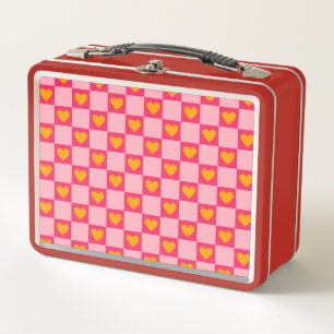 Pink Red Yellow Heart Love Chequered Y2K Pattern Metal Lunch Box