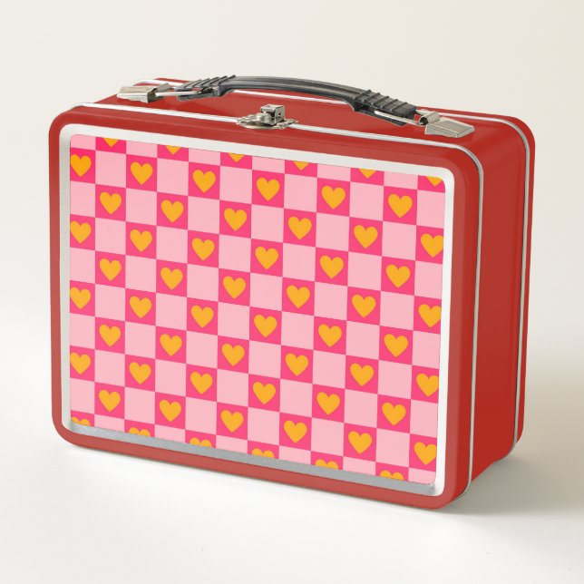 Pink Red Yellow Heart Love Chequered Y2K Pattern Metal Lunch Box (Front)