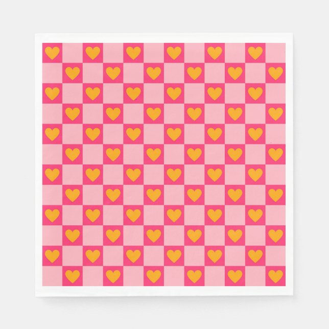Pink Red Yellow Heart Love Chequered Y2K Pattern Napkin (Front)
