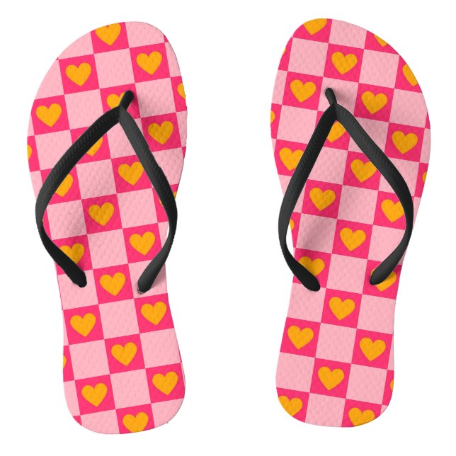 Pink Red Yellow Heart Love Chequered Y2K Pattern Thongs (Footbed)