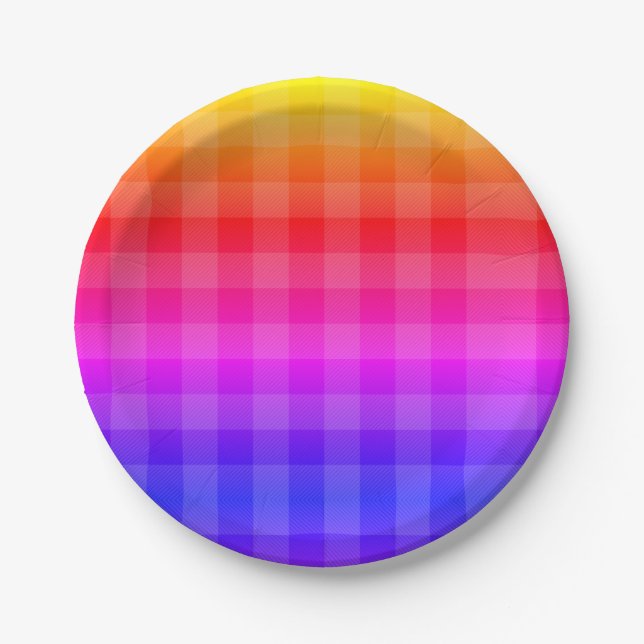Pink red yellow orange red purple blue plaid paper plate (Front)