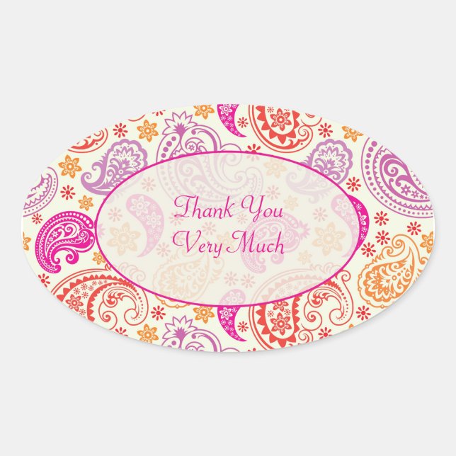 Pink Red & Yellow Paisley Pattern Design Oval Sticker (Front)