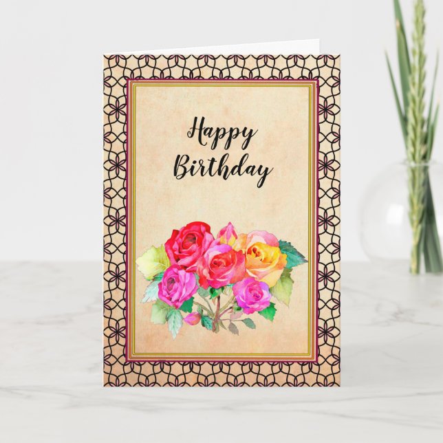 Pink Red Yellow Roses Birthday Card (Front)