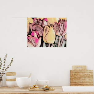 Pink Red Yellow Tulips Retro Drawing Poster