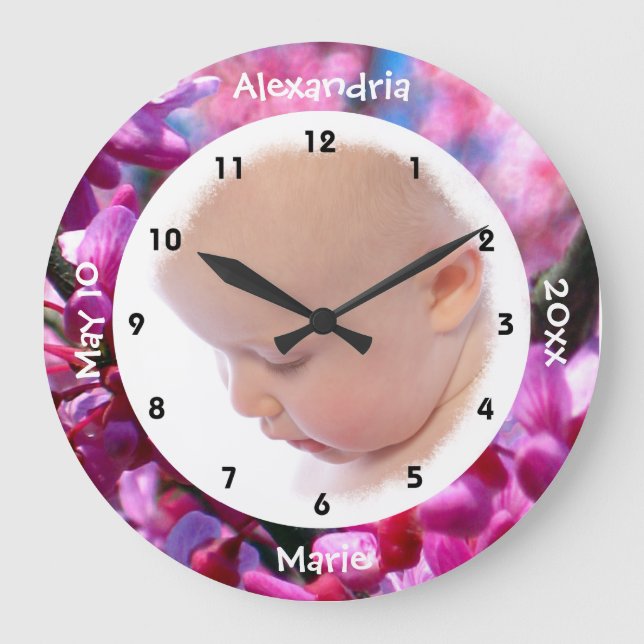 Pink Redbud Blossoms in Bloom Baby Girl Photo Large Clock (Front)