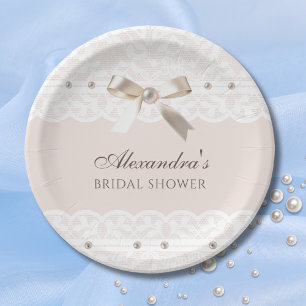 Pink Regency Satin Bow Lace Bridal Shower Paper Plate