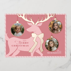 Pink Reindeer 3 Photos Rose Gold Foil Holiday Card