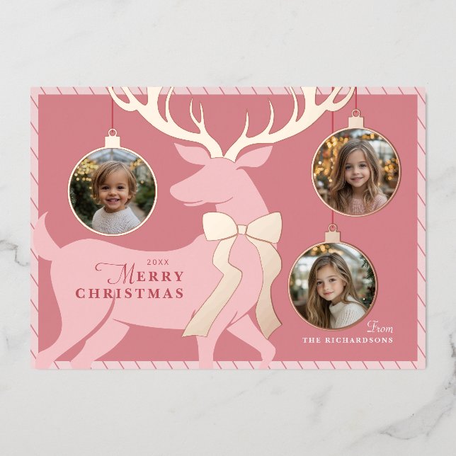 Pink Reindeer 3 Photos Rose Gold Foil Holiday Card (Front)