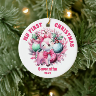 Pink Reindeer Baby's First Christmas Ornament