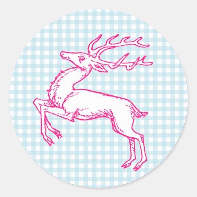 Pink Reindeer Blue Gingham Classic Round Sticker (Front)