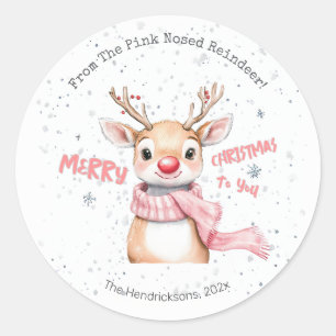 Pink Reindeer Christmas Classic Round Sticker
