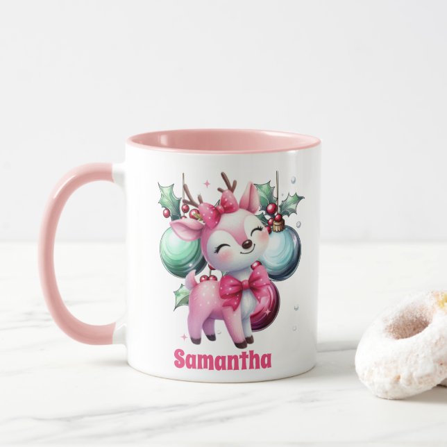 Pink Reindeer Christmas Kids Hot Chocolate Mug (With Donut)