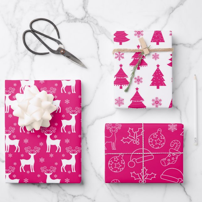 Pink Reindeer, Christmas Tree and Holiday Pattern Wrapping Paper Sheet (Front)