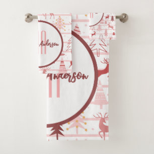 PINK REINDEER & CHRISTMAS TREES CUSTOM MONOGRAM BATH TOWEL SET