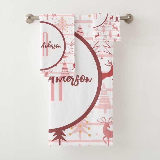 PINK REINDEER & CHRISTMAS TREES CUSTOM MONOGRAM BATH TOWEL SET (Insitu)
