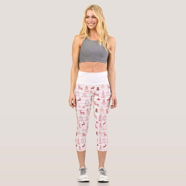 PINK REINDEER & CHRISTMAS TREES CUSTOM MONOGRAM CAPRI LEGGINGS (Front)