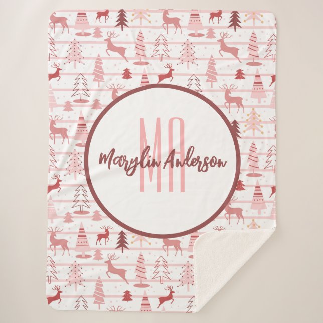 PINK REINDEER & CHRISTMAS TREES CUSTOM MONOGRAM SHERPA BLANKET (Front)
