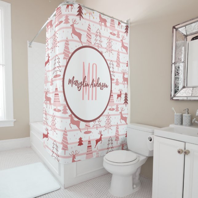 PINK REINDEER & CHRISTMAS TREES CUSTOM MONOGRAM SHOWER CURTAIN (In Situ)