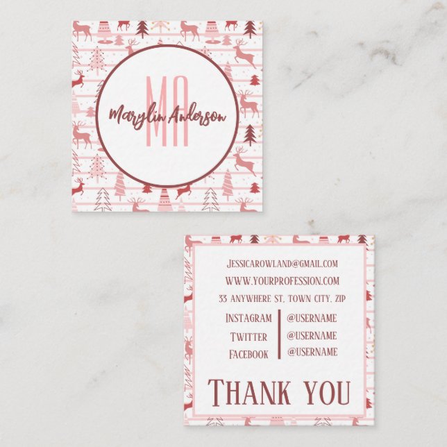 PINK REINDEER & CHRISTMAS TREES CUSTOM MONOGRAM  SQUARE BUSINESS CARD (Front/Back)