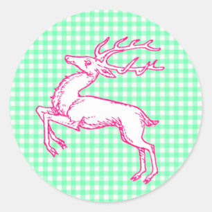 Pink Reindeer Green Gingham Classic Round Sticker
