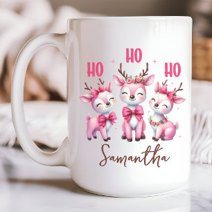 Pink reindeer mug, Ho ho ho mug, Custom name mug