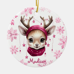 Pink Reindeer Personalised Kids Mug Ceramic Ornament