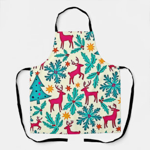 Pink Reindeer Teal Tree Pattern Design Apron