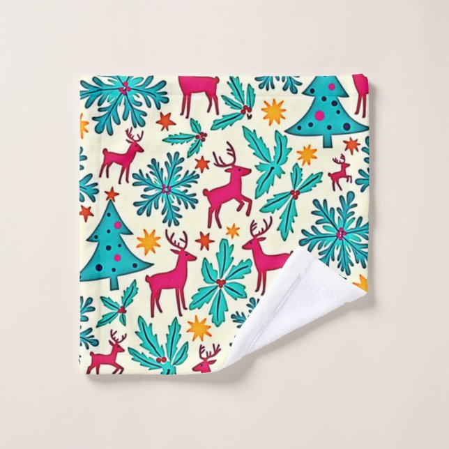 Pink Reindeer Teal Tree Pattern Design Bath Towel Set (Wash Cloth)