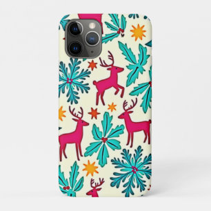Pink Reindeer Teal Tree Pattern Design iPhone 11 Pro Case