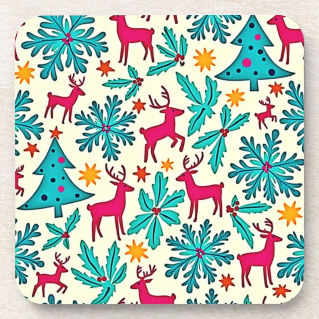 Pink Reindeer Teal Tree Pattern Design Coaster (Front)