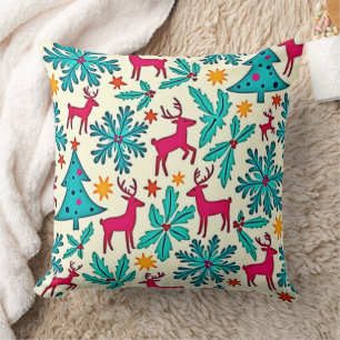 Pink Reindeer Teal Tree Pattern Design Cushion