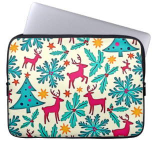Pink Reindeer Teal Tree Pattern Design Laptop Sleeve